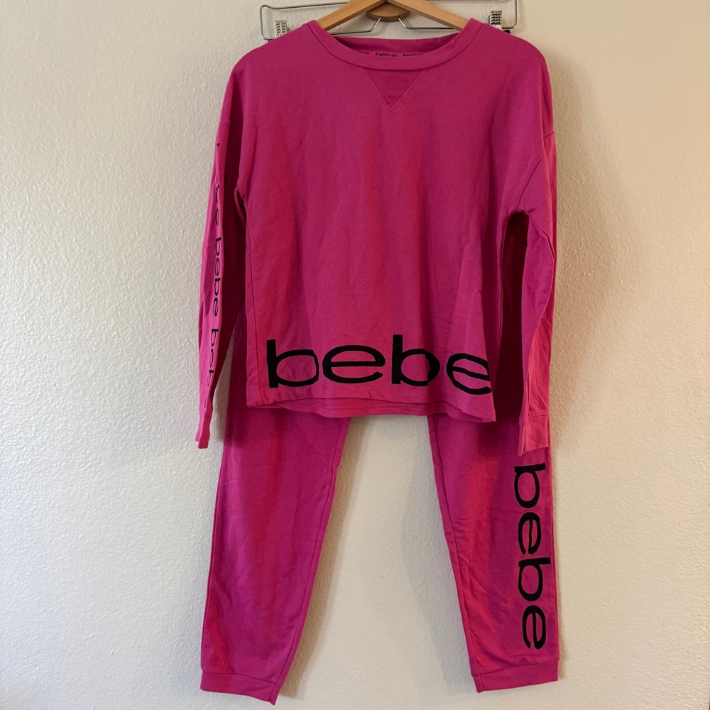 Bebe 2 Piece Lounge Set Logo Sweatshirt Joggers Pink Size Small Excellent